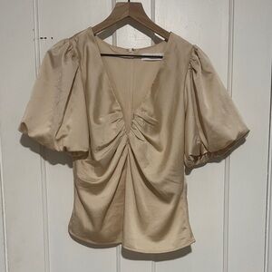 Astr Beige Satin Puff Sleeve Blouse